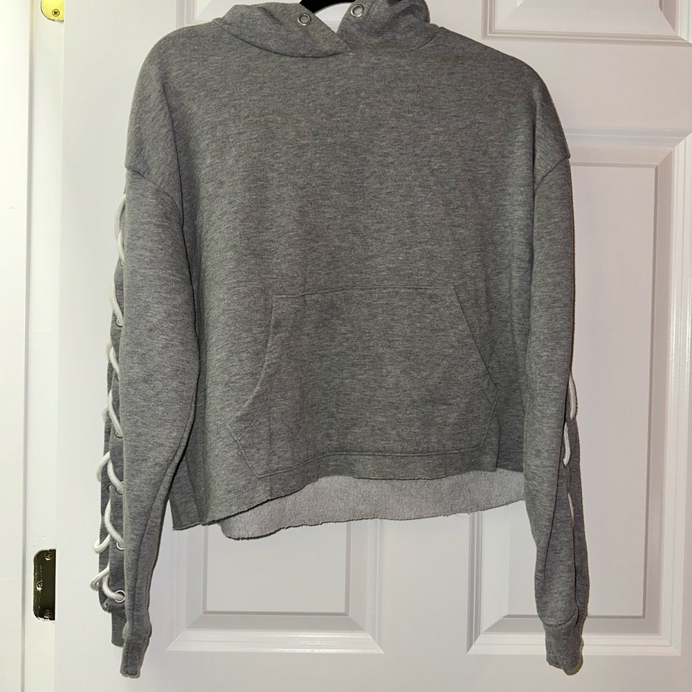 Gray Cropped Hoodie with Tie Front and Relaxed Fit